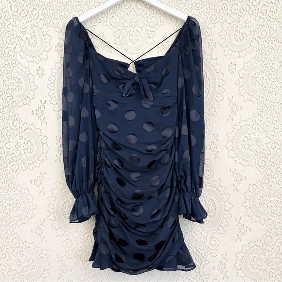 For Love and Lemons Navy Blue Polka Dot Chiffon Ruched Lula Mini Dress - Picture 5 of 16